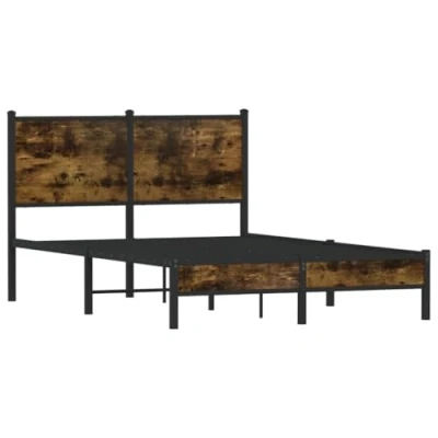 Image of vidaXL Small Double Metal Bed Frame with Headboard/Metal Slats/Extra Storage Smoked Oak, 120x190 cm, Bedroom Furniture