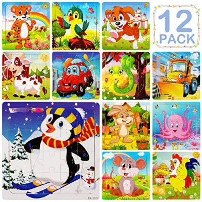 Image of 12 Pack Wooden Jigsaw Puzzles for Kids Age 3 6 Year Old Animals Preschool Toddler Children Learning Educational Puzzle Toys Boys and Girls