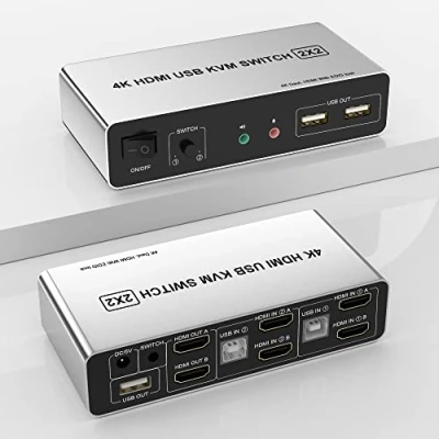 Image of KVM Switch Dual Monitor HDMI 2 Port, Supports EDID, 4K@60Hz Monitors Computers with 3 USB 2.0 Ports and Audio Microphone Output, for