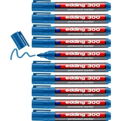 Image of edding 300 permanent marker light blue 10 pens round tip 1.5 3 mm waterproof, quick drying, smear proof for cardboard, plastic, glass, wood, metal and fabric