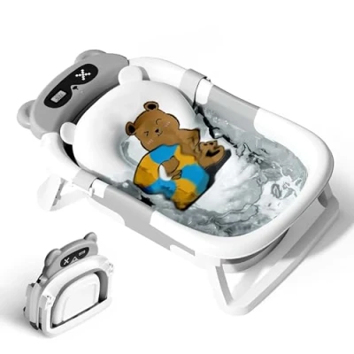 Image of Baby Bath Tub Toddler Tubs with Thermometer, Collapsible Bathtub Essentials for Newborn Portable Travel Soft Cushion Seat Mat Infant Grey Bear