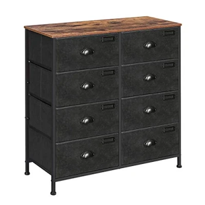 Image of SONGMICS Fabric Chest of Drawers 8 Large Console Storage Clothes Cabinet Industrial Style Metal Frame Wood Surface for Bedroom, Hallway, Rustic Brown and Black LVT24H