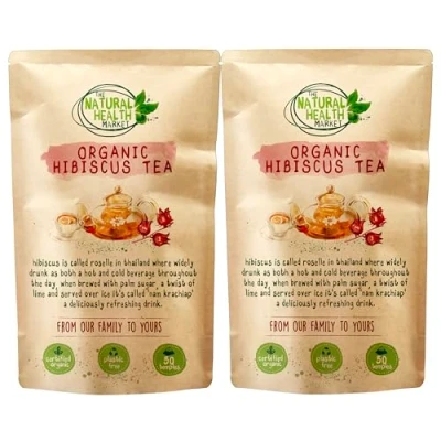 Image of Organic Hibiscus Tea 100 Bags Plastic Free by The Natural health Market Roselle Produce a Vivid Red 100% Purple Plant (2 x 50 teabags).