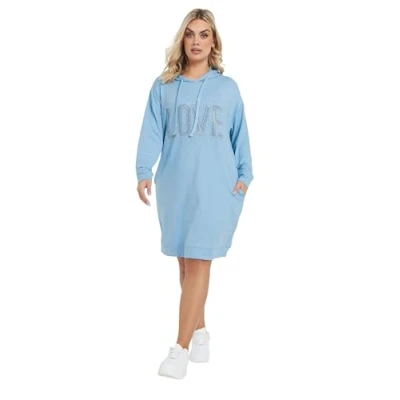 Image of Yours Curve Diamante Embellished &#039;Love&#039; Hoodie Dress Women&#039;s Plus Size Blue