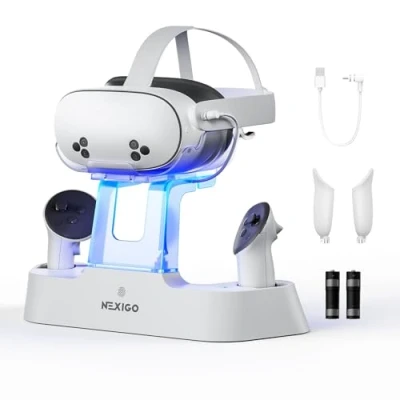Image of NexiGo Enhanced Charging Dock with LED Light [On/Off] for Oculus Quest 3, [Support Elite Strap Battery], Headset Display Holder and Controller Mount, Rechargeable Batteries, White