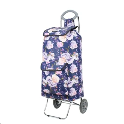 Image of Rocklands London® 60 Litre Folding Shopping Trolley Chrome Steel Frame Wheeled Cart Grocery Bag (Voilet Floral)