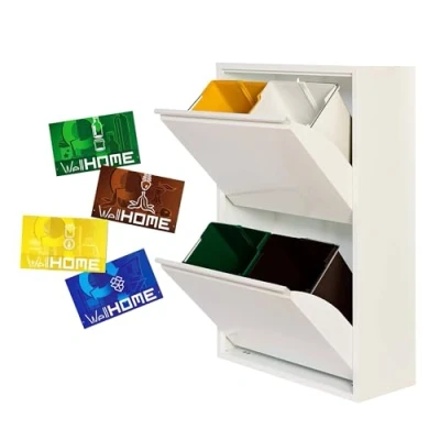 Image of WELL HOME MOBILIARIO &amp; DECORACIÓN 4 x 17L (68L) Matt White Metal Recycling Bin Compartment + Magnetic Labels