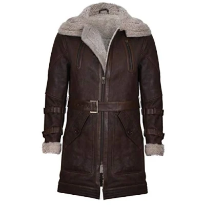 Image of Infinity Leather Men&#039;s Long Brown Sheepskin Double Collar Coat XL