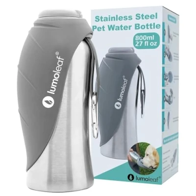 Image of LumoLeaf Portable Dog Water Bottles 800ml, Stainless Steel Pet Travel Bottle Dispenser for Walking, Hiking and Outdoor, Bowl Large Dogs (Grey)