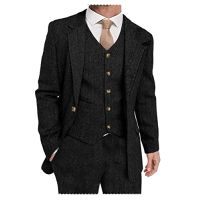 Image of Solovedress Men&#039;s Suit 3 Piece Classic Tuxedo Tweed Wool for Wedding (Blazer + Vest Trousers), black, XL