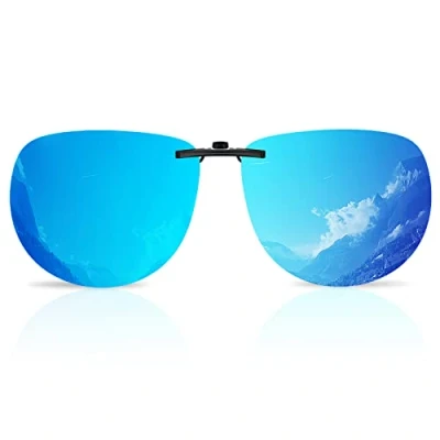 Image of Goiteia Polarized Non Flip up Clip on Sunglasses over Prescription Glasses for Fashion Men WomenCompact Fit（Blue mirrored lenses）