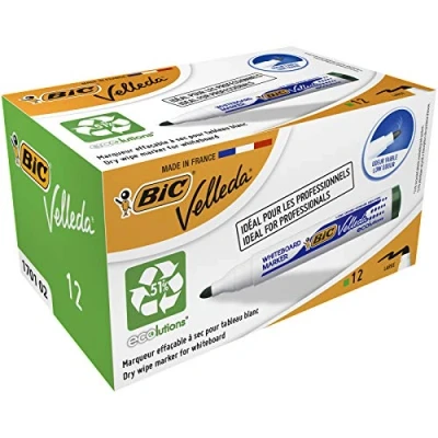 Image of Bic Velleda 1701 Ecolutions Whiteboard Pens, Green Box of 12 Dry Erase Pens for Whiteboards in School or office