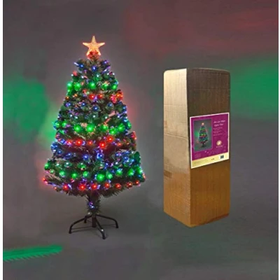 Image of SHATCHI 4Ft/120cm Fibre Optic Christmas Star Topper Multicolor LEDs 8 Changing Light Modes Pre Lit Green Artificial Xmas Tree, PVC, 4ft