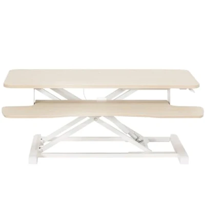 Image of VIVO 91cm DESK Converter, K Series, Height Adjustable Sit to Stand Riser, Dual Monitor and Laptop Workstation with Wide Keyboard Tray, Light Wood Top, White Frame, V036KF