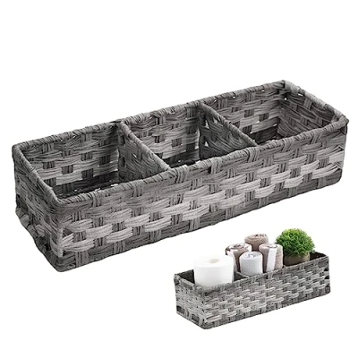 Image of bathroom storage baskets toilet paper basket with 3 Divider Rustic Decor Woven Plastic Wicker for Organizingwicker small