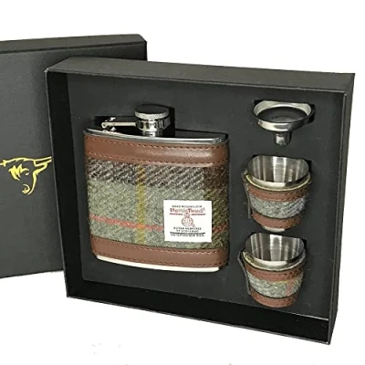 Image of Glen Appin of Scotland Harris Tweed Hip Flask Gift Set MacLeod Tartan HF2150 COL15