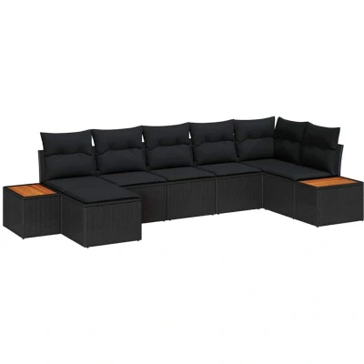 Image of vidaXL 7 Piece Garden Sofa Set with Cushions Black Poly Rattan Acacia