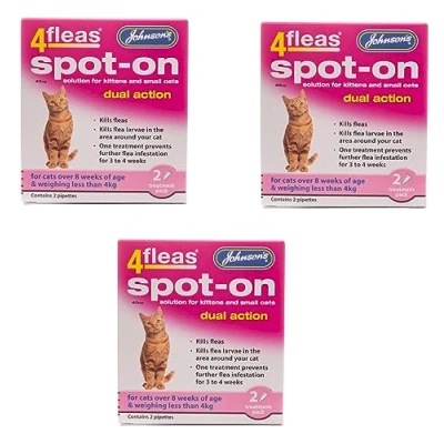 Image of LEEWAY WOODWORK JOHNSONS 4FLEAS CAT DUEL ACTION SPOT ON +8 WEEKS BELOW 4KG WEIGHT (3X PACKS)