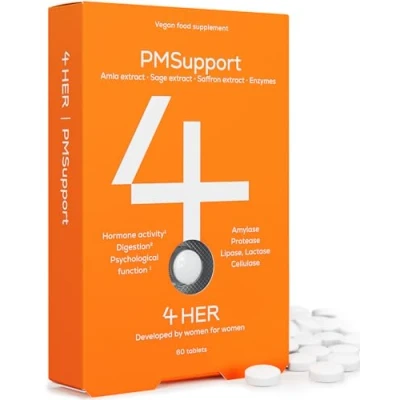 Image of 4 HER PMSupport PMS Supplements for Women 60 Vegan Tablets Premenstrual Support and Hormone Balance with Digestive Enzymes, Sage Extract, Amla Berry Saffron Extract
