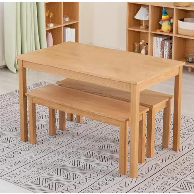Image of Hallowood Furniture Waverly Oak Small Dining Table &amp; Bench Set of 2, Wooden Table, Set, Room Sets, and for Lounge Kitchen