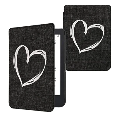 Image of kwmobile Cover Compatible with Kobo Clara 2E / Tolino Shine 4 Stitchwork Design Case Brushed Heart Grey