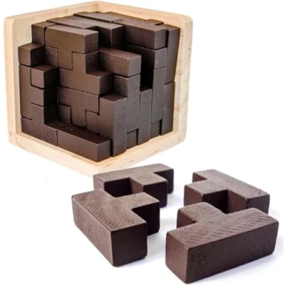 Image of Original 3D Brain Teaser Wooden Puzzles for Adults and Kids, Genius Skills Builder T Shape Pieces. With 54 Painted Finish Puzzle Box (Original)
