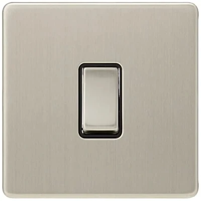 Image of AET SLINTBS Screwless Satin Chrome Flat Intermediate 1 Gang 10 Amp Black Insert Metal Rocker Switch