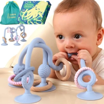Image of Jumble Jangle Baby Teething Toy Multi Purpose High Chair Suction Teether Toy: Toys for with Sensory Textures Babies, Infants and Toddlers 024+ Months (Light)