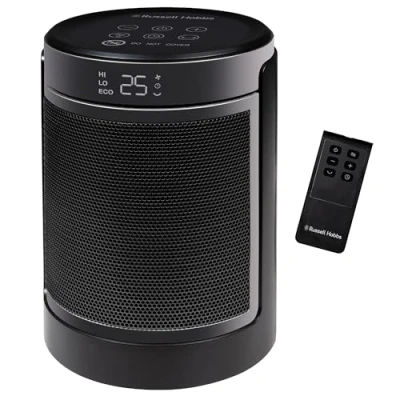 Image of Russell Hobbs Space Heater in Black &amp; Silver 1500W Portable Oscillating Ceramic Round Electric Heater, Low Energy Digital Display, 4 Modes, 24hr Auto Timer, Overheat Protection, RHCH2002S