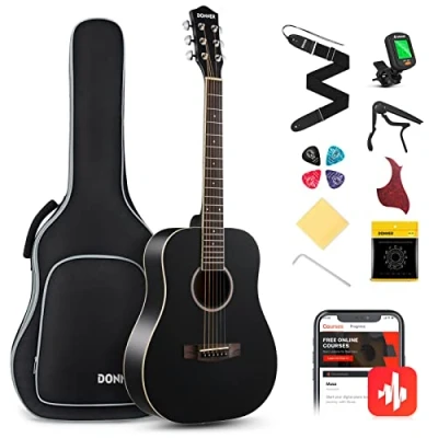 Image of Donner Acoustic Guitar for Beginner Adult 36&#039;&#039; Dreadnought 3/4 Size Black Bundle Package Kit Travel, Spruce Wood With Gig Bag Capo Tuner Strap String Picks DAG 1MB/DAT 110D