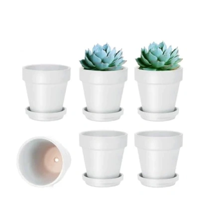 Image of vensovo 10.16cm White Clay Pot for Plant with Saucer 6 Pack Small Terra Cotta Drainage Hole, Flower Tray, Terracotta Indoor Outdoor
