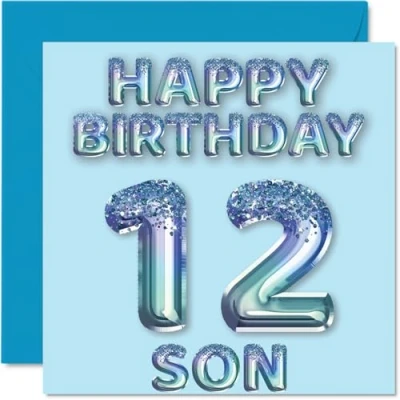 Image of 12th Birthday Card for Son Blue Glitter Party Balloons Happy Cards 12 Year Old from Mum Dad Parents, 145mm x Bday Greeting Gift