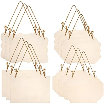 Image of 12 Pcs Unfinished Blank Wood Signs, Wooden Hanging Plaques Blank, Decorative Plaque Slices Banners Blanks with Ropes for Home Pyrography Painting Writing DIY Craft Supplies