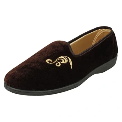 Image of Ladies Rosebank Velour Embroided Detailed Slippers Miranda Brown Textile UK Size 6 EU 39 US 8
