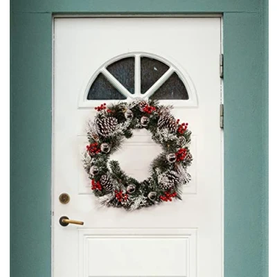 Image of Marco Paul Christmas Door Wreath Garland Snow Dusted Decorations With Pinecones, Berries and Baubles Hanging Deluxe Ornaments Office or Home Decor Festival Accessories(50cm)