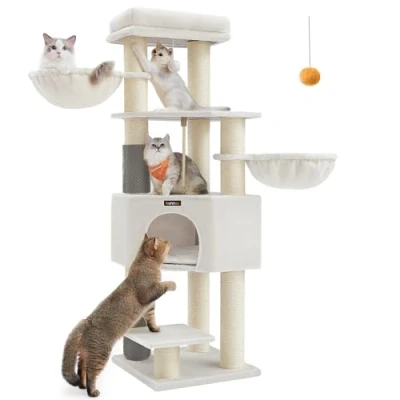 Image of Feandrea Cat Tree for Large Cats, Heavy Duty Tower with Self Warming Pads, 2 Groomers, 9 Scratching Posts, Perch, Cave, Baskets, 50 x 160 cm, Cream White and Beige PCT003W02