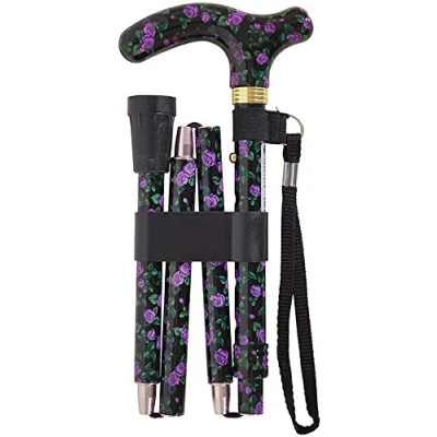 Image of Aidapt Patterned Fold Down Adjustable Height Lightweight Walking Stick with Anti Slip Ferrule Foot for Stability and Confidence when Supplied a Hanging Carry Strap Handle