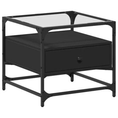 Image of vidaXL Coffee Table Glass Top Black Steel Engineered Wood Side/Hallway/Living Room 50x50x45 cm