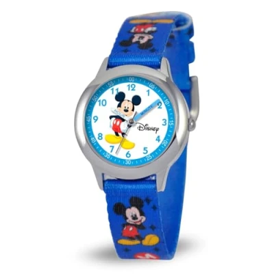 Image of Disney By Ewatchfactory Kids Mickey Mouse Quartz Watch with White Dial Time Teacher Display and Blue Nylon Strap W000014