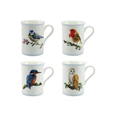 Image of British Birds Set of 4 Fine China Gift Boxed Mugs Robin Kingfisher Blue Tit Owl