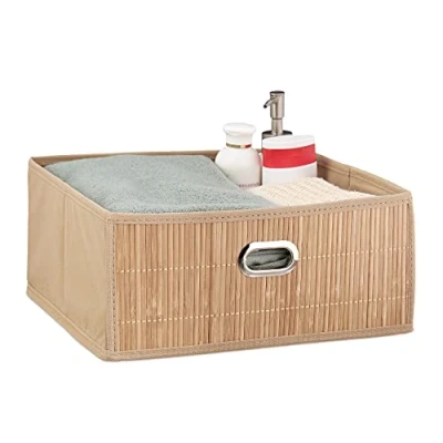 Image of Relaxdays Bamboo Storage Basket, Bathroom &amp; Bedroom Organiser, Square, Low Box, HxWxD 14 x 31 cm, Folding, Natural
