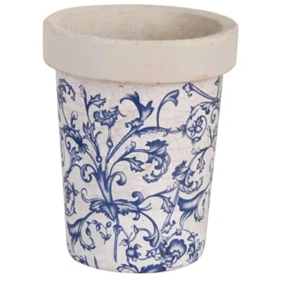Image of Home Deco London Aged Glazed Ceramic Blue &amp; White Pattern Garden Collection Rustic (Long Tom Planter)
