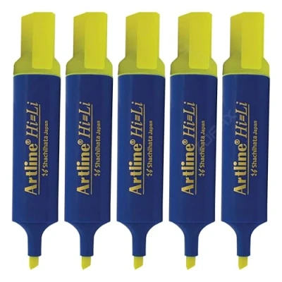 Image of artline HiLine Highlighter Pens, YELLOW, Pack of 5, Chisel Tip (1 5.0mm), Quick Dry, Ergonomic Shape, School Office Home Fluorescent Markers