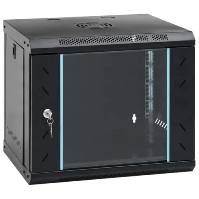 Image of vidaXL 9U Wall Mounted Network Cabinet 19&quot; IP20 Cold Rolled Steel, Lockable Design, Removable Side Panels, Compact 53x40x45 cm, Black Data Rack