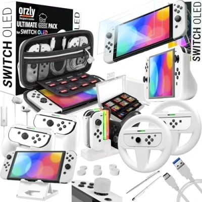 Image of Orzly Accessories Kit bundle Compatible with Nintendo Switch OLED Console (NOT 2017 Edition compatible) Ultimate Geek Pack Case and screen protector much more Ice White Gift boxed