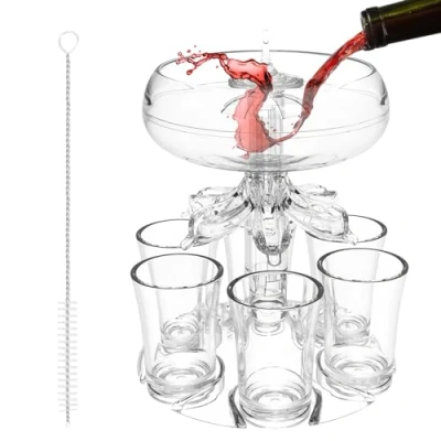 Image of Pagezol Party Drink Dispenser Clear with 6 Shot Glass and Holder, Drinks Tipple Cocktail Beer Dispenser, Dispensers, Acrylic Touchless Pourer for Juice Spirits Cider Whiskey