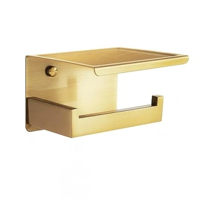 Image of HITSLAM Brushed Gold Toilet Roll Holder with Phone Shelf, Stick on Brass Paper for Bathroom, SUS 304 Stainless Steel, Two Installation of Self Adhesive and Wall Mounted
