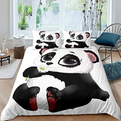 Image of Panda Bedding Set for Kids Teens Cute Animal Pattern Comforter Cover Boys Girls Cartoon Giant Duvet Bear Printed Wildlife Bedspread Bedroom Decor 3Pcs Double Size