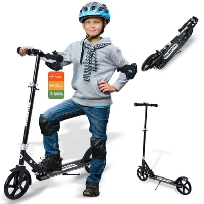 Image of Kick Scooter for Kids Ages 6+, Teens &amp; Adults, Adjustable Handlebars, Rear Brake, Big Wheel Foldable Indoor Outdoor (Black)