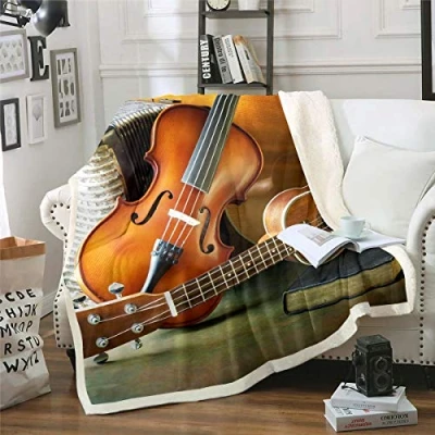 Image of Guitar Sherpa Blanket Violin Music Themed Fleece Throw for Sofa Couch Bed Musical Pattern Decor Plush 3D Instruments Print Warm Fuzzy Single 50&quot;x60&quot;